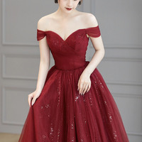 Burgundy Tulle Long Prom Dress A Line Evening Dress - Thumbnail 2