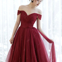 Burgundy Tulle Long Prom Dress A Line Evening Dress - Thumbnail 3