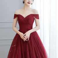 Burgundy Tulle Long Prom Dress A Line Evening Dress - Thumbnail 4