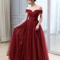 Burgundy Tulle Long Prom Dress A Line Evening Dress - Thumbnail 6