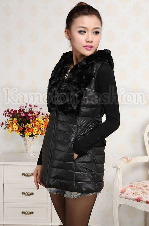 1013 Women's Cotton Down long Jacket Vest Velvet Hoodie