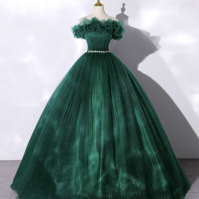 Green tulle long ball gown dress formal dress - Thumbnail 2