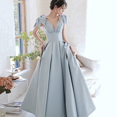 Blue satin long a line prom dress - Thumbnail 1