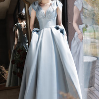 Blue Satin Long A Line Prom Dress - Thumbnail 1