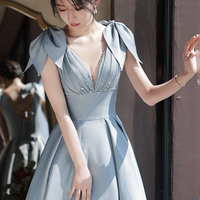 Blue Satin Long A Line Prom Dress - Thumbnail 2
