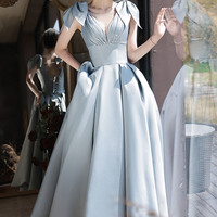 Blue Satin Long A Line Prom Dress - Thumbnail 5