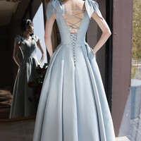 Blue Satin Long A Line Prom Dress - Thumbnail 6