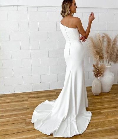 Charming Mermaid One Shoulder Satin Wedding Dresses with Shoulder Train,1459
