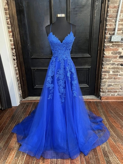 Charming A-Line V Neck Royal Blue Tulle Long Prom Dresses with Appliques,1461