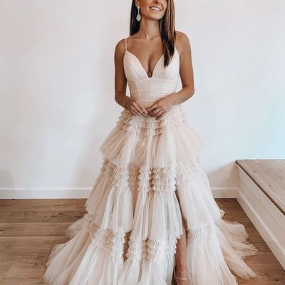 Ball gown v neck straps ivory / light champagne tulle prom dresses,1462