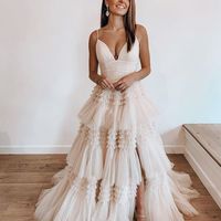 Ball Gown V Neck Straps Ivory / Light Champagne Tulle Prom Dresses,1462 - Thumbnail 2