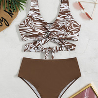 Sexy Solid Color Split High Waist Stretch Bikini Swimsuit - Thumbnail 1