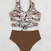 Sexy Solid Color Split High Waist Stretch Bikini Swimsuit - Thumbnail 2