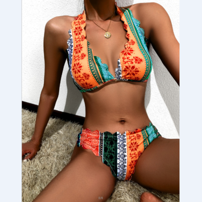 Design print high waist sexy bikini split swimsuit