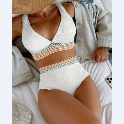 Solid color sexy high waist split bikini swimsuit