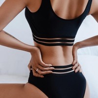 V-Neck Solid Color Sexy High Waist Split Bikini Swimsuit - Thumbnail 1