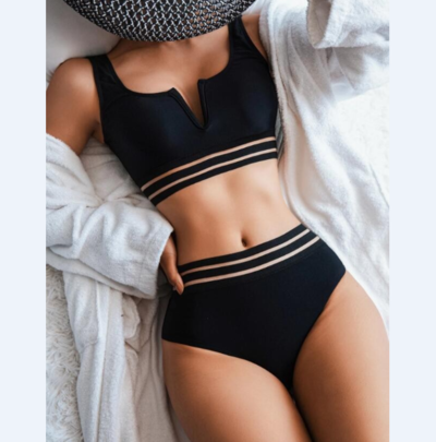 V-Neck Solid Color Sexy High Waist Split Bikini Swimsuit