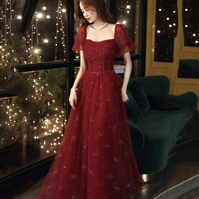 Burgundy tulle long prom dress a-line evening dress - Thumbnail 2