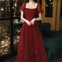 Burgundy tulle long prom dress A-line evening dress - Thumbnail 1