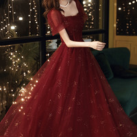 Burgundy tulle long prom dress A-line evening dress - Thumbnail 2