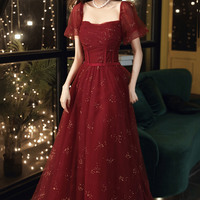 Burgundy tulle long prom dress A-line evening dress - Thumbnail 3