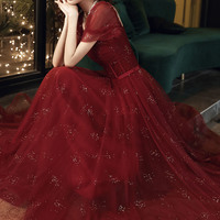 Burgundy tulle long prom dress A-line evening dress - Thumbnail 7