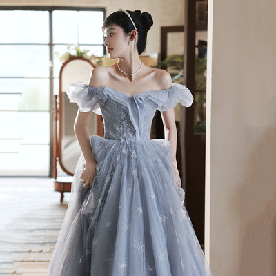 Blue tulle long prom dress blue evening dress - Thumbnail 1