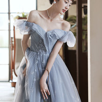 Blue tulle long prom dress blue evening dress - Thumbnail 1
