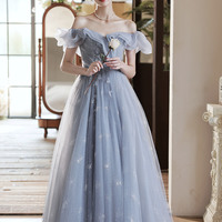 Blue tulle long prom dress blue evening dress - Thumbnail 2