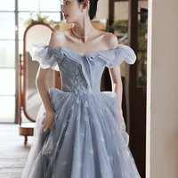 Blue tulle long prom dress blue evening dress - Thumbnail 5