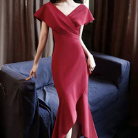 Burgundy V-neck high low prom dress party dress - Thumbnail 2