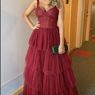 Sparkly burgundy prom dresses spaghetti straps  - Thumbnail 1