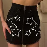 Crystal Rhinestone Star Zip up Fringed Denim Skirt - Thumbnail 1