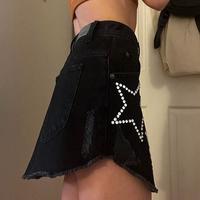 Crystal Rhinestone Star Zip up Fringed Denim Skirt - Thumbnail 3