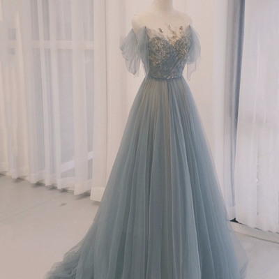 Blue tulle sequins long prom dress evening dress - Thumbnail 2