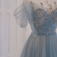 Blue tulle sequins long prom dress evening dress - Thumbnail 1