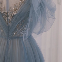 Blue tulle sequins long prom dress evening dress - Thumbnail 2