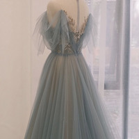 Blue tulle sequins long prom dress evening dress - Thumbnail 3
