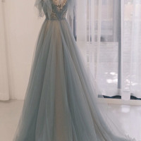 Blue tulle sequins long prom dress evening dress - Thumbnail 4