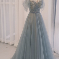 Blue tulle sequins long prom dress evening dress - Thumbnail 5
