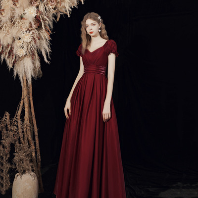 Burgundy v-neck long prom dress a-line evening dress - Thumbnail 1