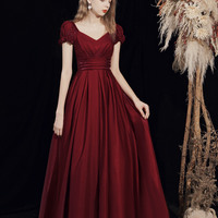 Burgundy V-neck long prom dress A-line evening dress - Thumbnail 1