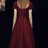 Burgundy V-neck long prom dress A-line evening dress - Thumbnail 4