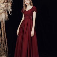 Burgundy V-neck long prom dress A-line evening dress - Thumbnail 5