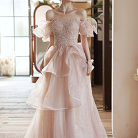 Pink tulle beaded long prom dress evening dress - Thumbnail 5