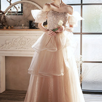 Pink tulle beaded long prom dress evening dress - Thumbnail 6