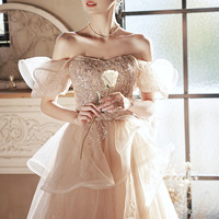 Pink tulle beaded long prom dress evening dress - Thumbnail 2