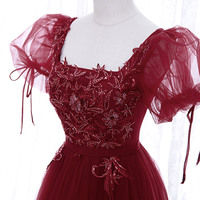 Burgundy tulle lace short prom dress homecoming dress - Thumbnail 1