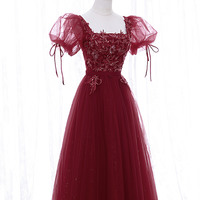 Burgundy tulle lace short prom dress homecoming dress - Thumbnail 3