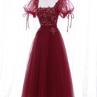 Burgundy tulle lace short prom dress homecoming dress - Thumbnail 4